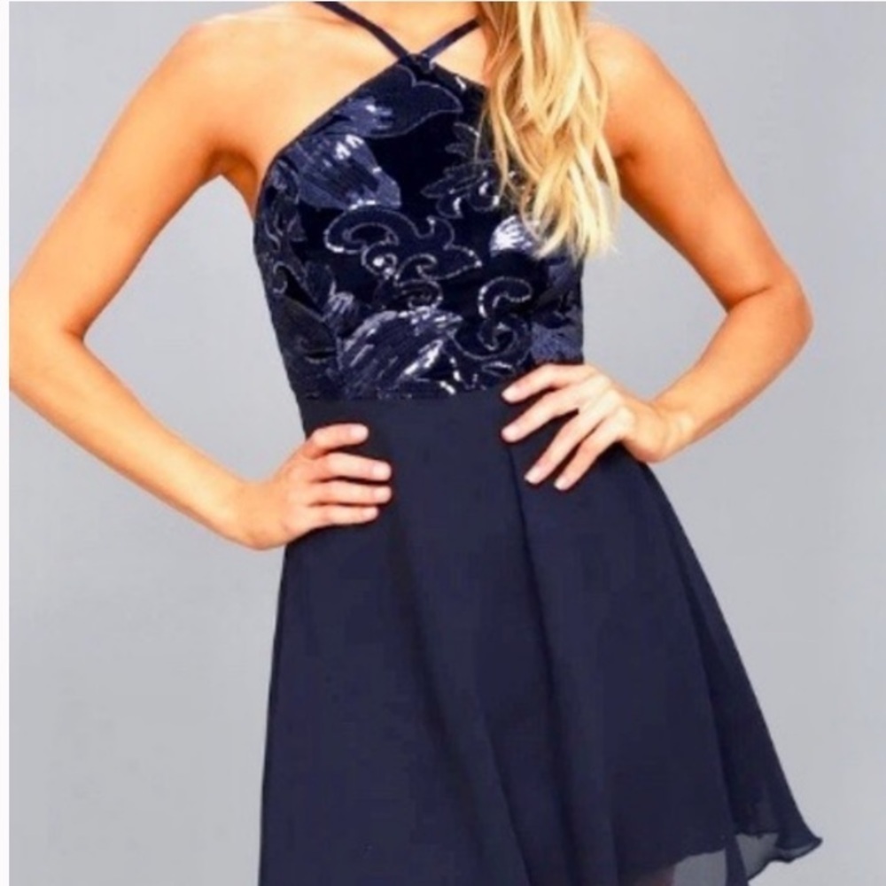 Lulus Navy Sequin Halter Skater Dress‎ small